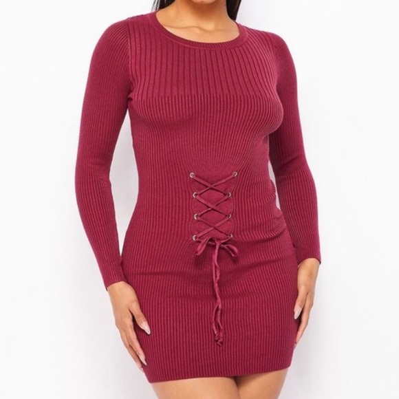 NEW TRENDY BLACK RIBBED LONG SLEEVE KNIT FRONT LACE UP WAIST BELT MINI DRESS - Picture 5 of 5